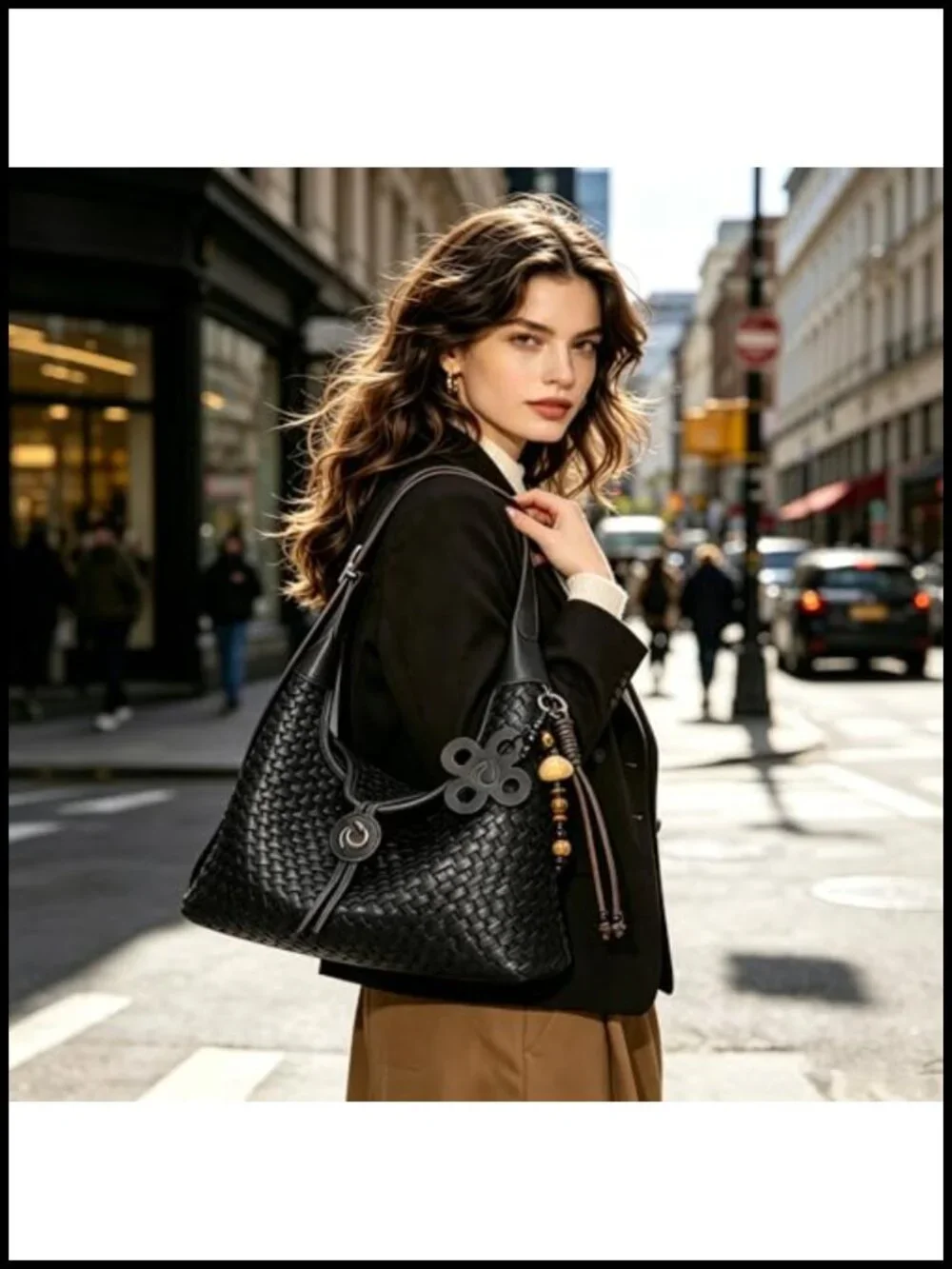 Hand-knitted Vegan Leather Hobo Crossbody Bag Travel Tote